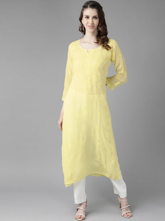 ADA Women Yellow Ethnic Motifs Embroidered Chikankari Georgette Handloom Kurta | Swadesiicart