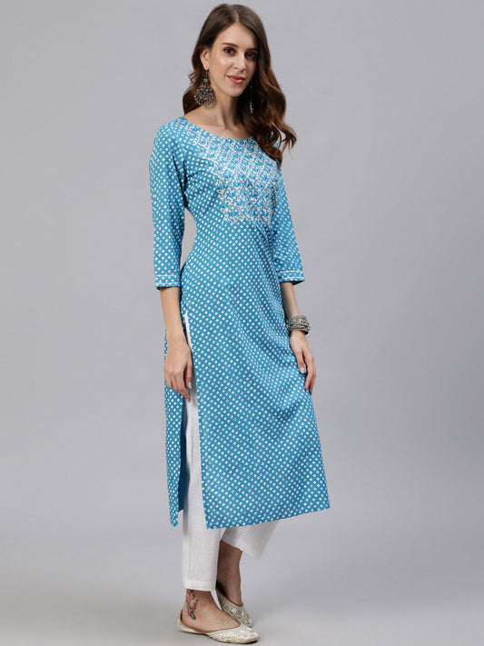 Jaipur Kurti Blue & White Floral Printed Women Kurta - Swadesiicart