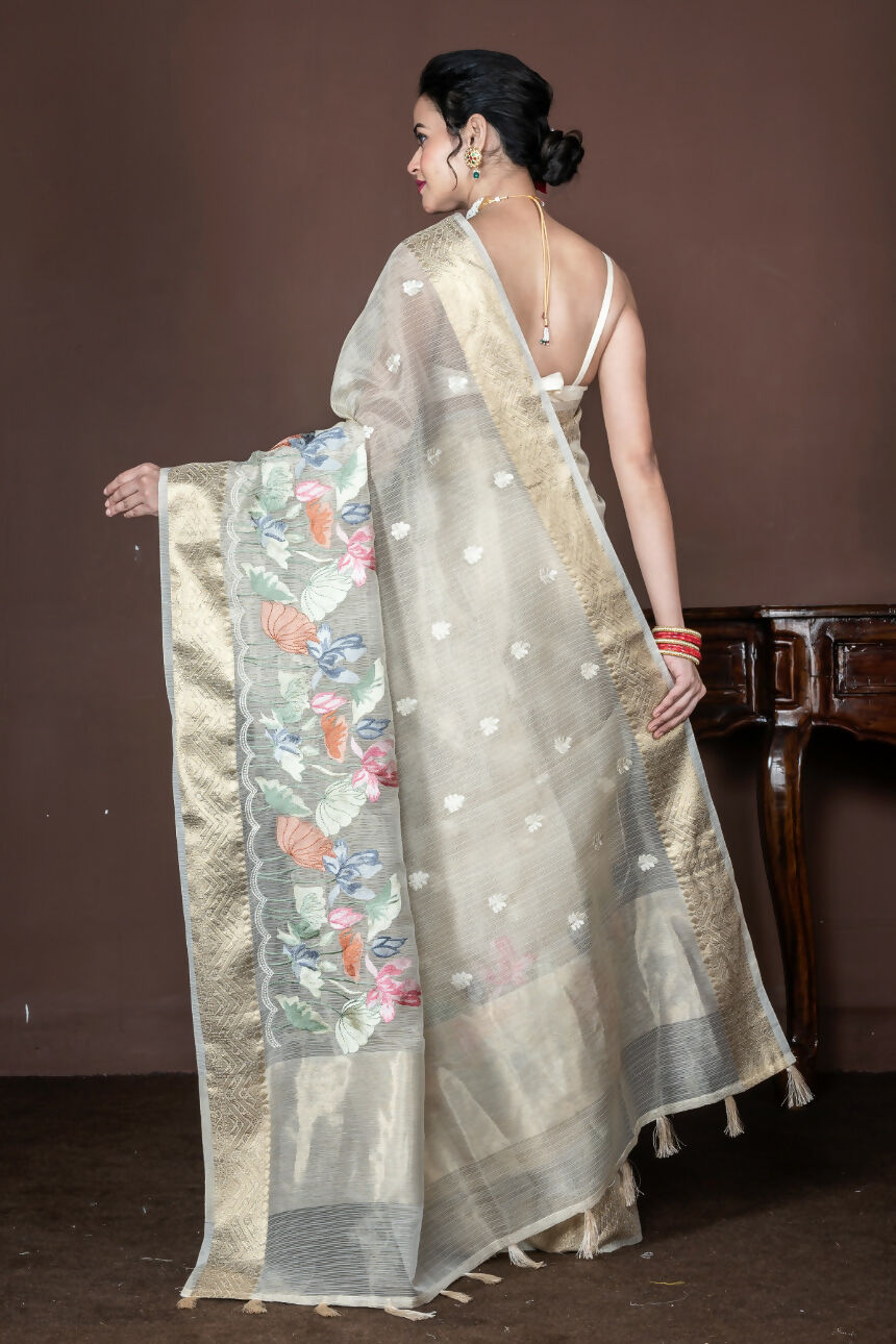 Morchari Beige Banarasi Tissue Computer Embroidery Saree Unstitched Blouse | Swadesiicart