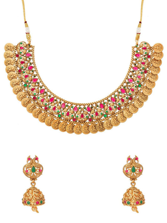 Aadita Gold-Polished Green & Pink Stone-Studded & Pearl Beaded Jewellery Set - Swadesiicart