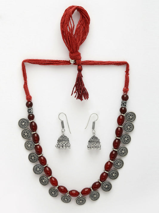 NVR Women's Red Silver-Plated Choke Oxidized Necklace with Jhumka Earrings - Swadesiicart
