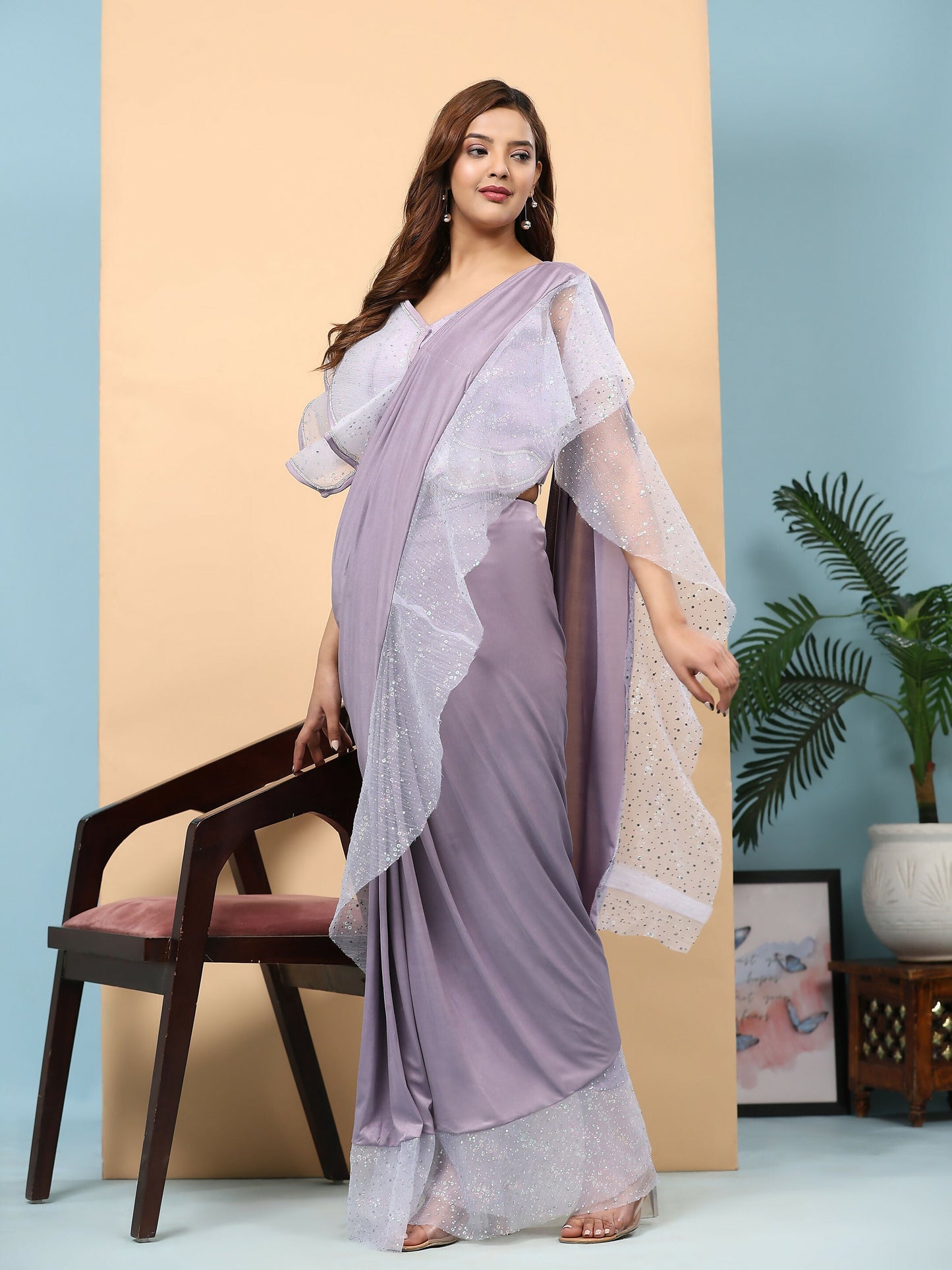 Light Purple Lycra Solid Ready to Wear Saree with stitched Blouse - Nita | Swadesiicart