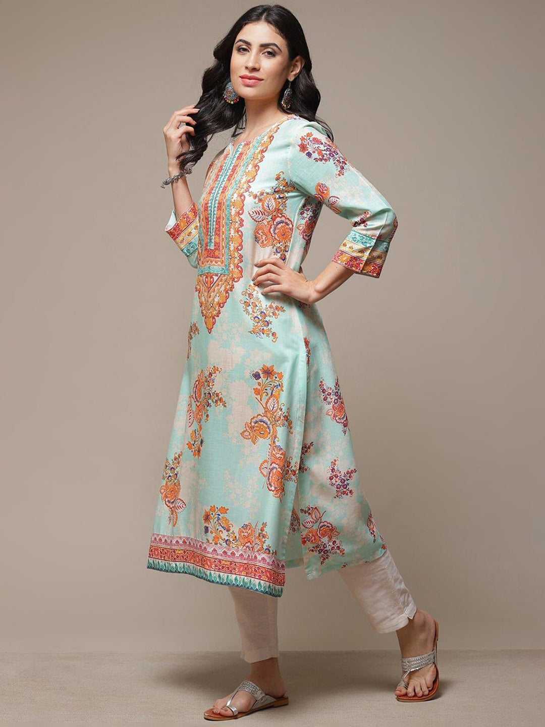 Biba Ethnic Motifs Printed Notched Neck A-Line Kurta - Swadesiicart