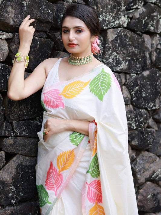 Mitera Floral Printed Zari Banarasi Saree | Swadesiicart
