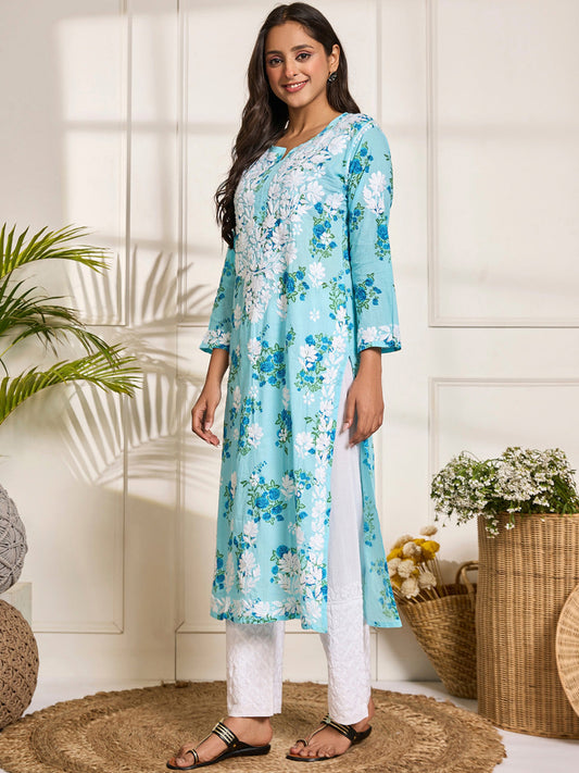 HOUSE OF KARI Floral Embroidered Chikankari Pure Cotton Kurta | Swadesiicart