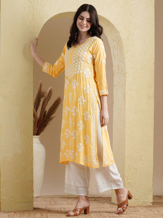 ADA Floral Lucknowi Chikankari Straight Kurta | Swadesiicart