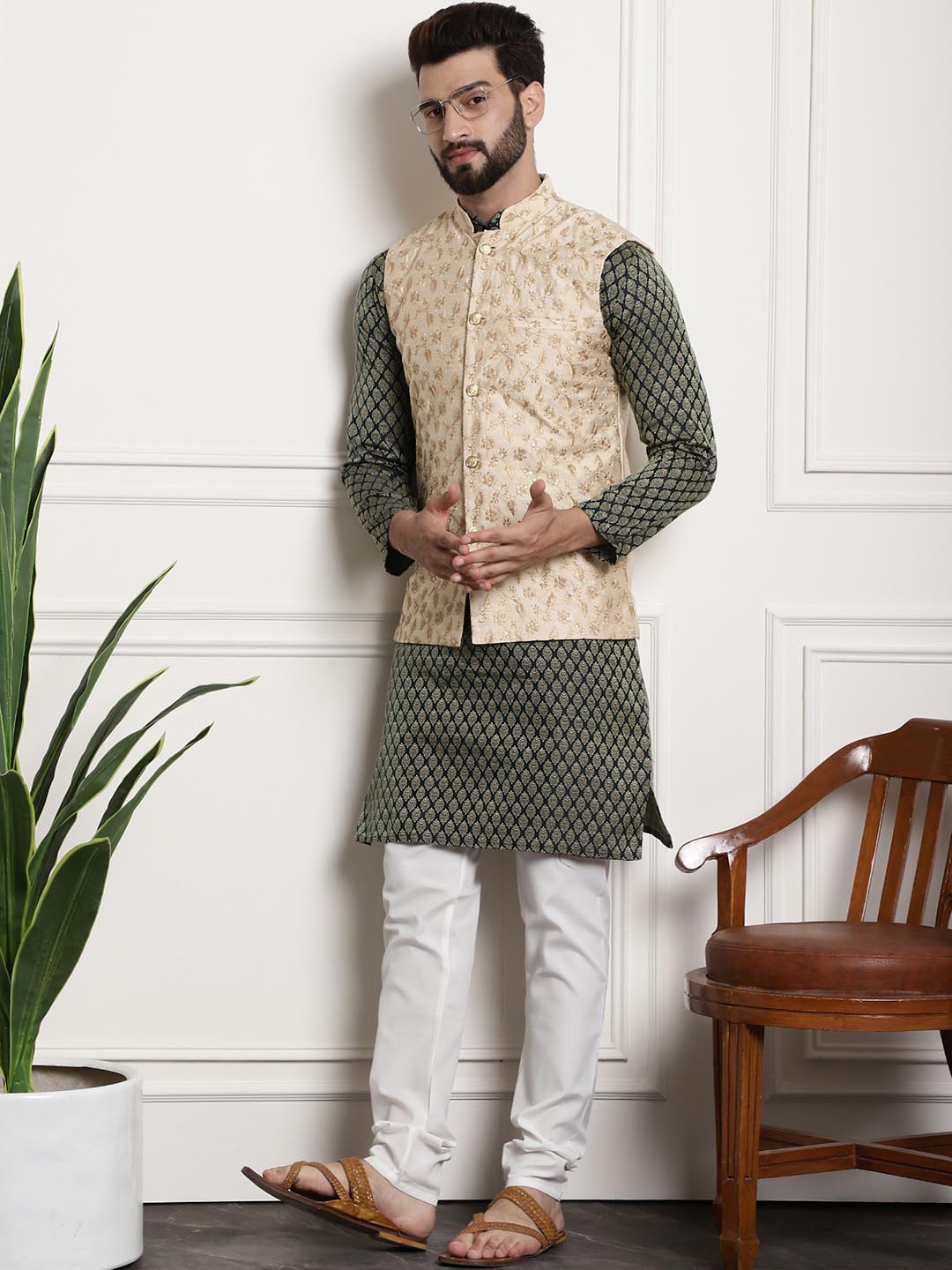Sojanya Men Green Ethnic Motifs Kurta with Churidar with Nehru Jacket | Swadesiicart