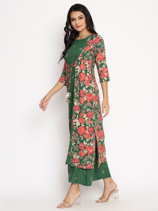 Ahalyaa Women's Green Rayon Printed Kurta Palazzo Set | Swadesiicart