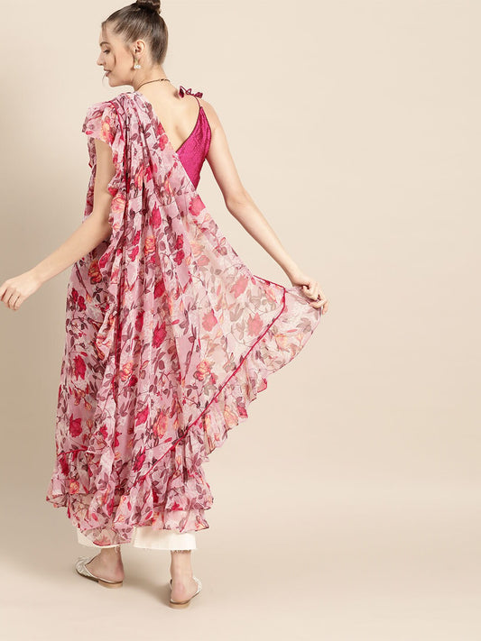 Tikhi Imli Pretty Pink Printed Poly Georgette Saree | Swadesiicart