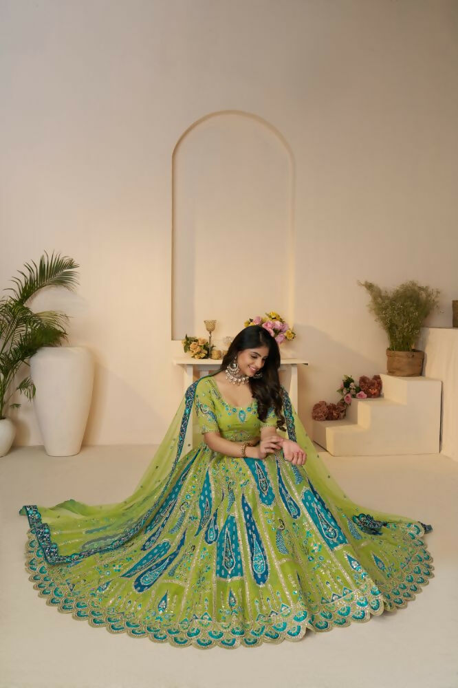Kesar Fab Green Banarasi Silk Embroidered Lehenga | Swadesiicart