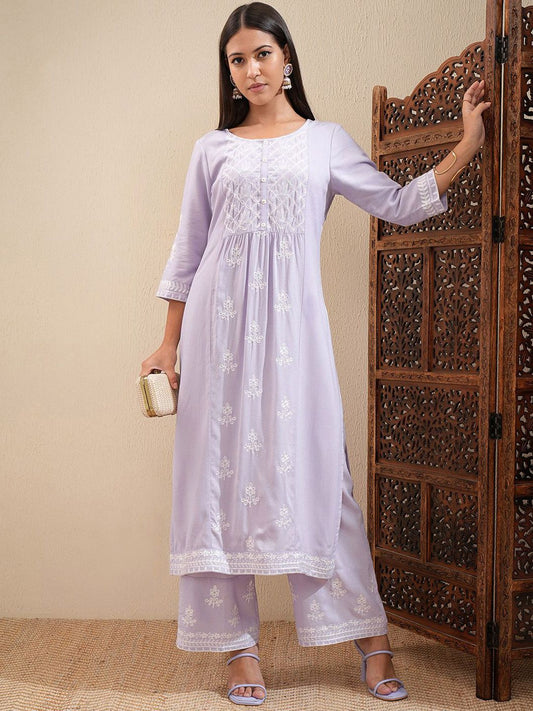 Vishudh Floral Embroidered Straight Kurta with Palazzos - Swadesiicart