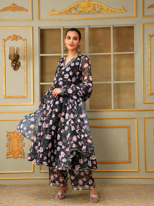Pomcha Jaipur Black Saadgi Pink Lotus Anarkali Set | Swadesiicart