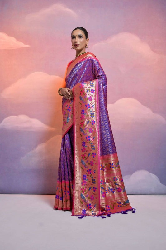 Vishnu Weaves Women's Royal-Blue Paithani Silk Zari Woven Saree with Blouse - Swadesiicart