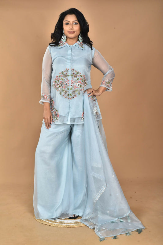 Morchari Women And Hand Embroidery Palazzo Set-Sky Blue - Swadesiicart