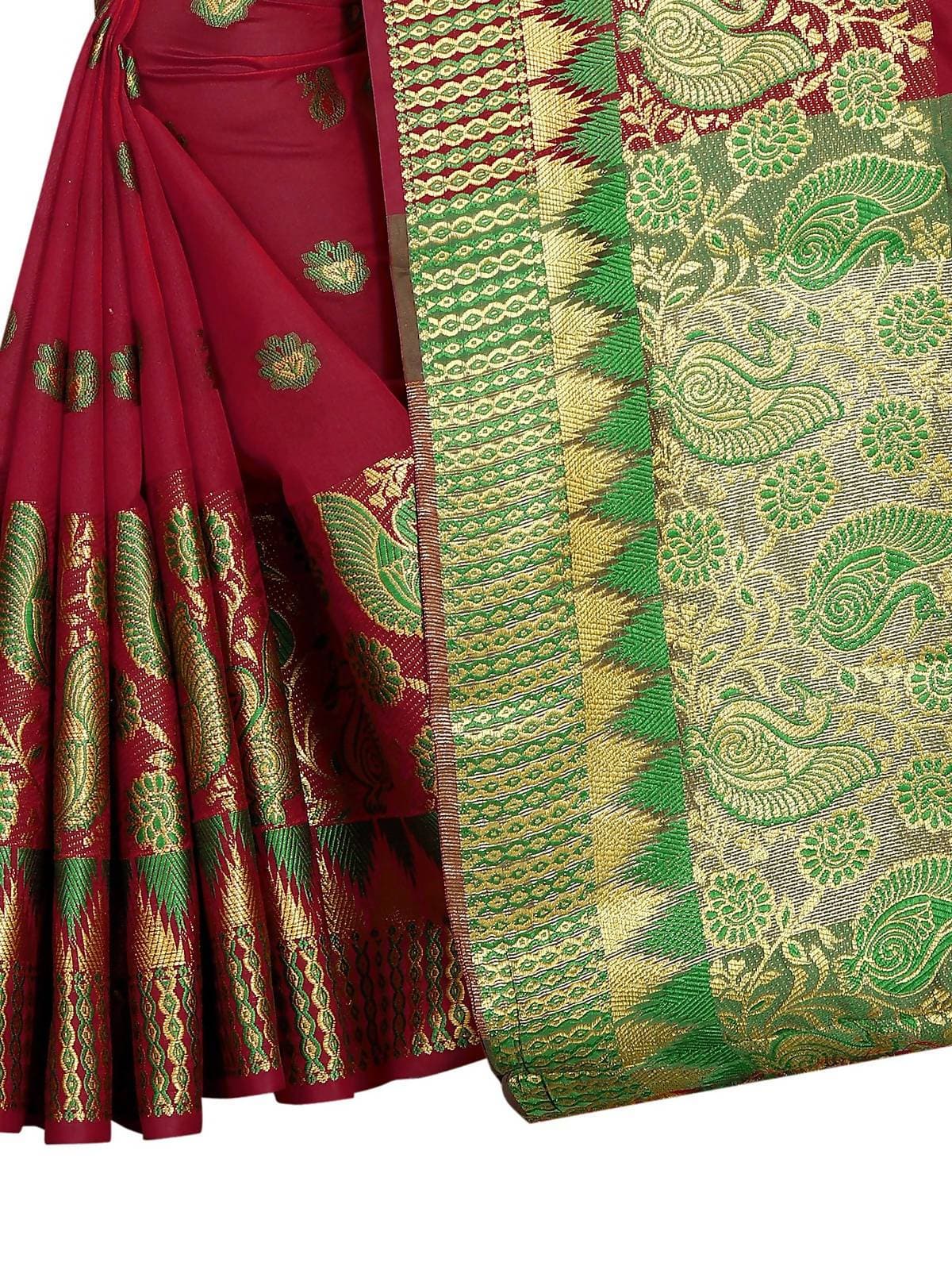 Vamika Banarasi Jaquard Red Weaving Saree With Green Blouse | Swadesiicart