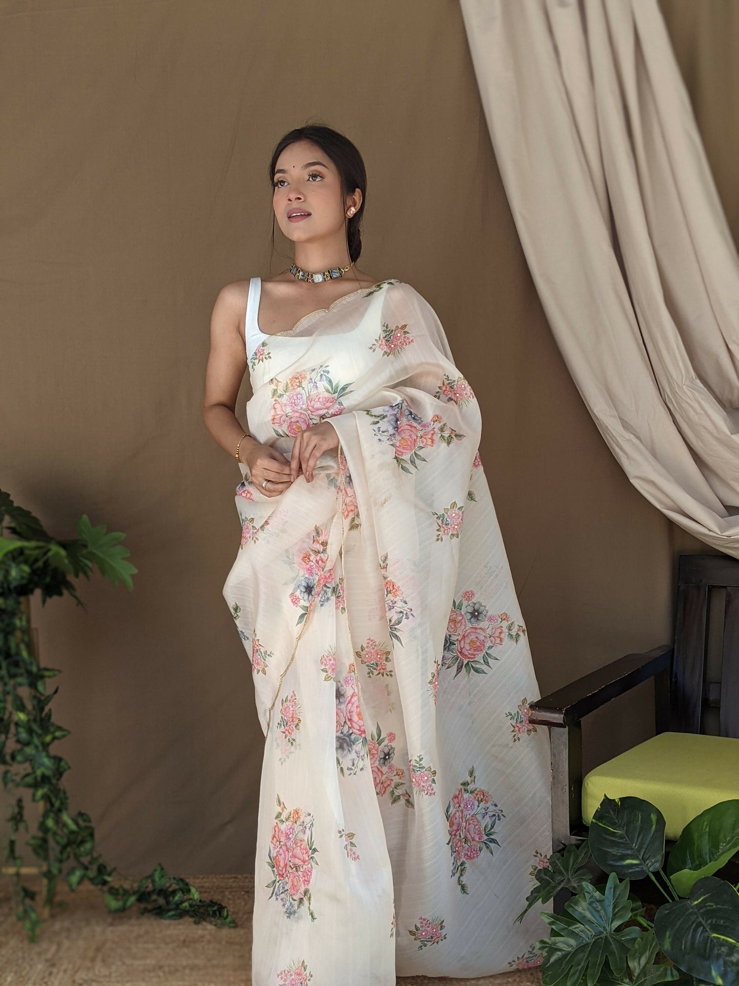 Vamsee Khadi Khatali Cream Khadi Organza Saree - Swadesiicart