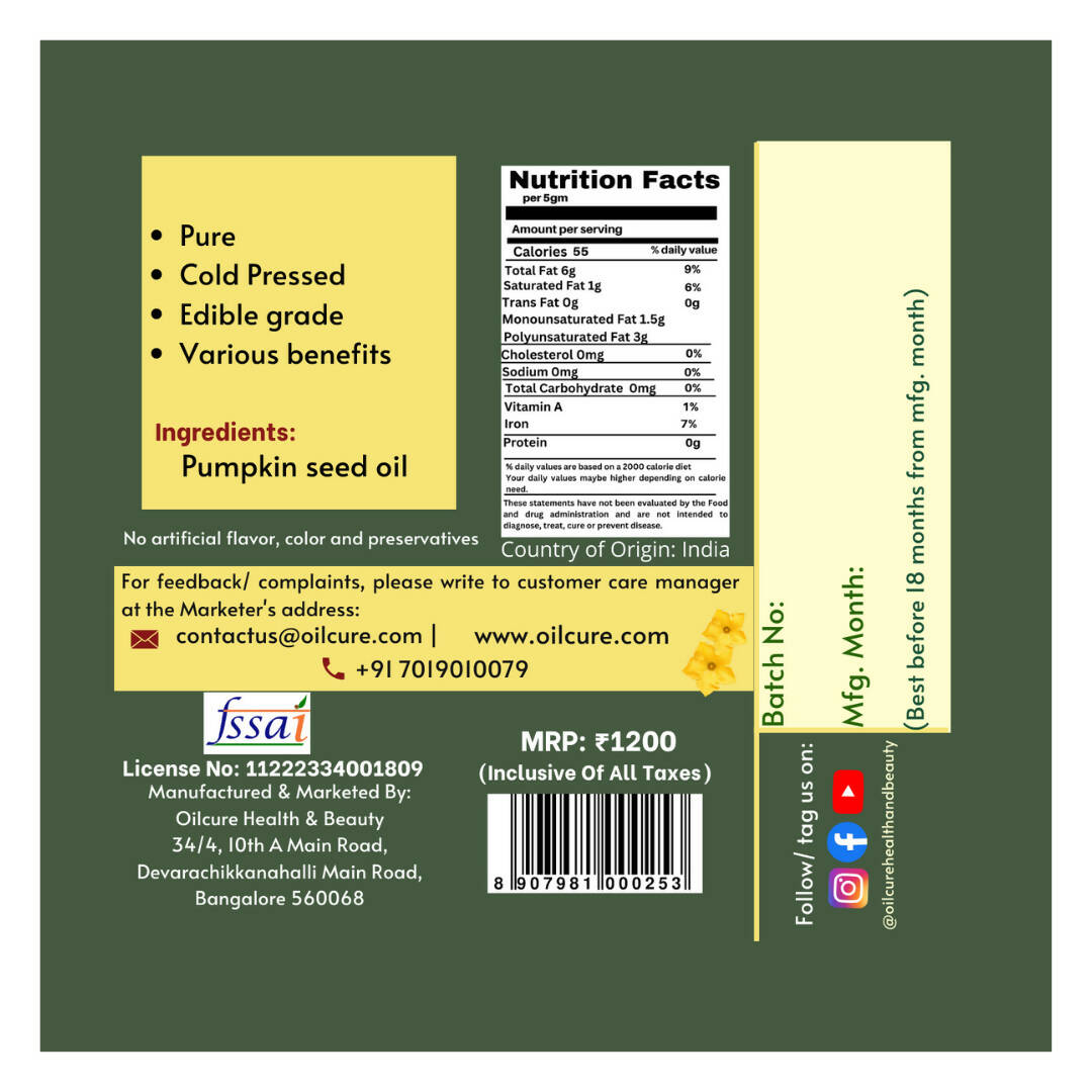 Oilcure Pumpkin Seed Oil Cold Pressed - Swadesiicart