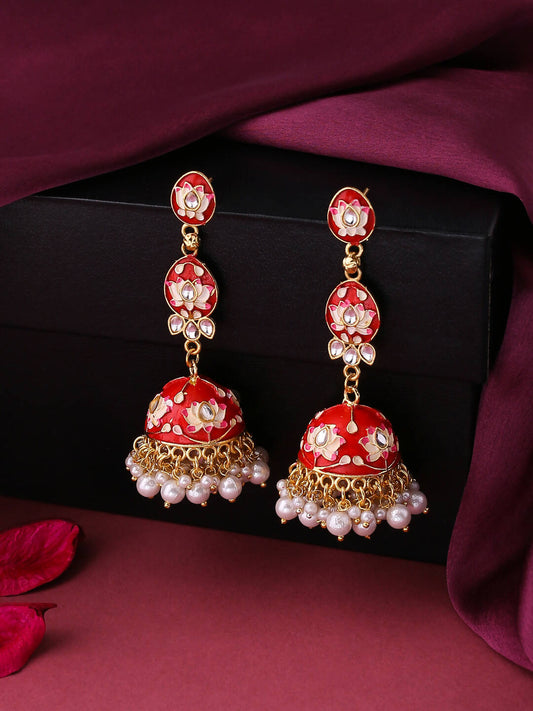 NVR Women Gold-Polished Red Kundan Jhumkas Earrings | Swadesiicart
