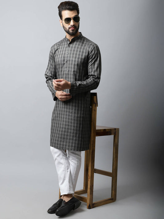 Even Apparels Brown Color Cotton Checked Men's Kurta With Band Collar (CHK1157) | Swadesiicart