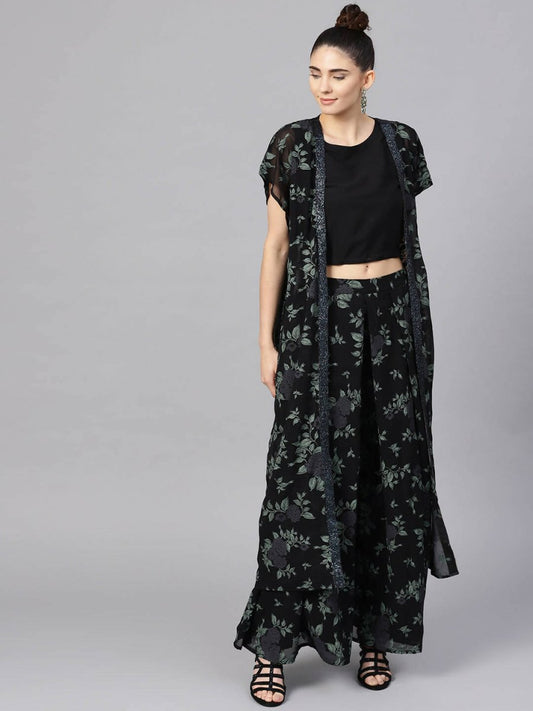 Ahalyaa Black Georgette Crepe Printed Top Palazzo Set With Jacket | Swadesiicart