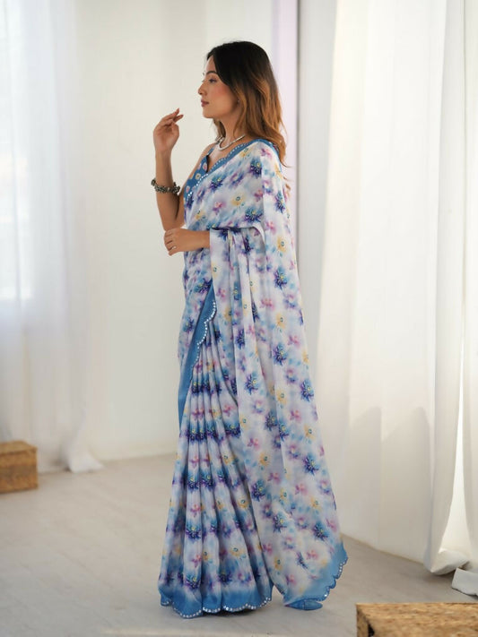Blue Chinon Designer Digital Printed,Mirror Cut Work Saree - Elayna