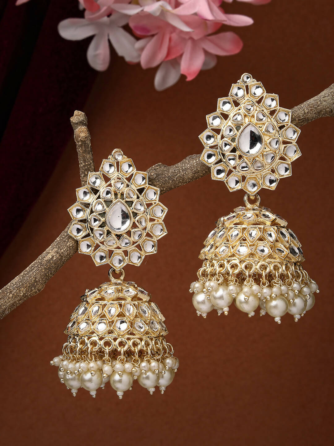 NVR Women Gold-Polished Handcrafted Kundan Jhumka Earrings | Swadesiicart