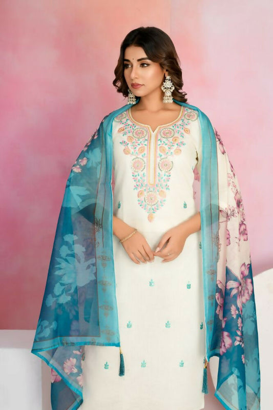 Ethnic Festive Wear Viscose Chanderi Off White Stitched Suit With Dupatta - Tanisha | Swadesiicart