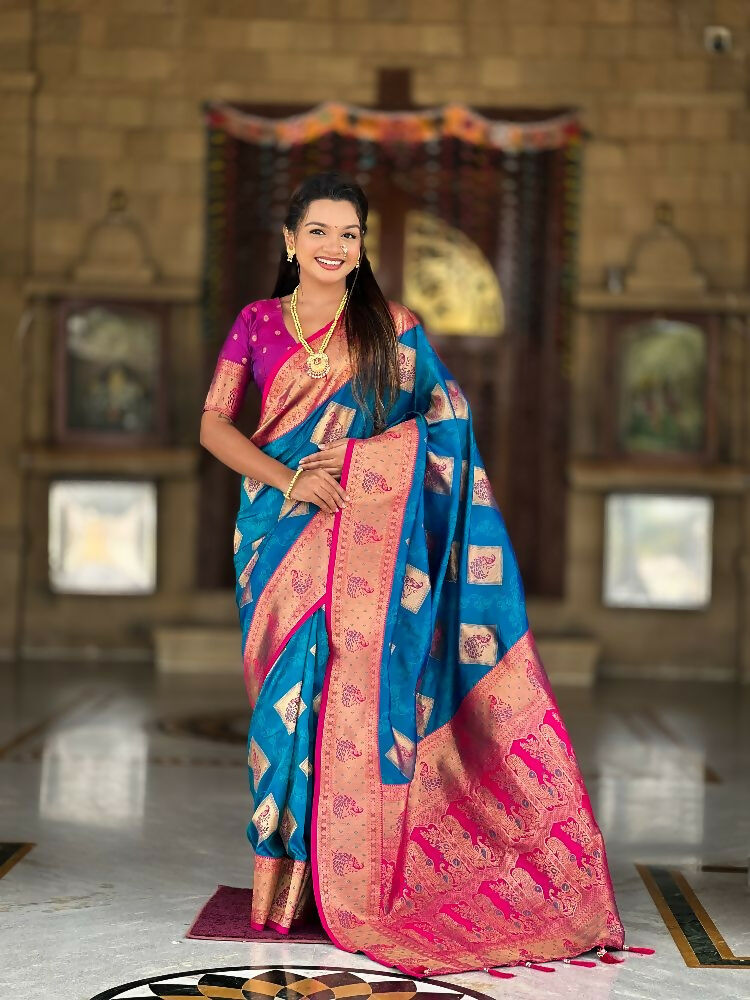 PR Fashion Firozi Soft Banarasi Silk With Zari Weaving Meenakari Design Saree | Swadesiicart