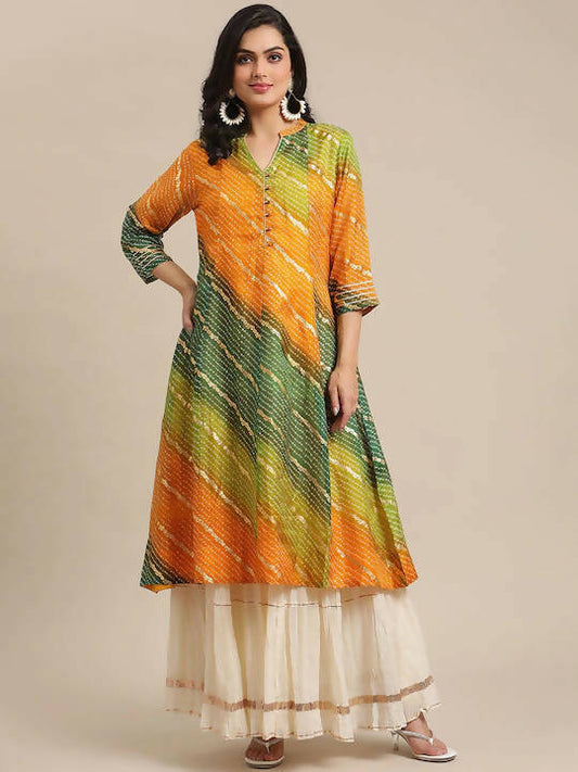 Indian Clothing Varanga Mustard Yellow & Green Bandhani Dyed Anarkali Kurta - Varanga