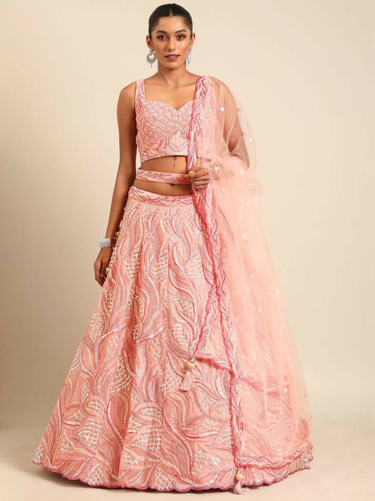 House of Panchhi Coral Pink Net Sequins and Zarkan embroidery Lehenga choli & Dupatta