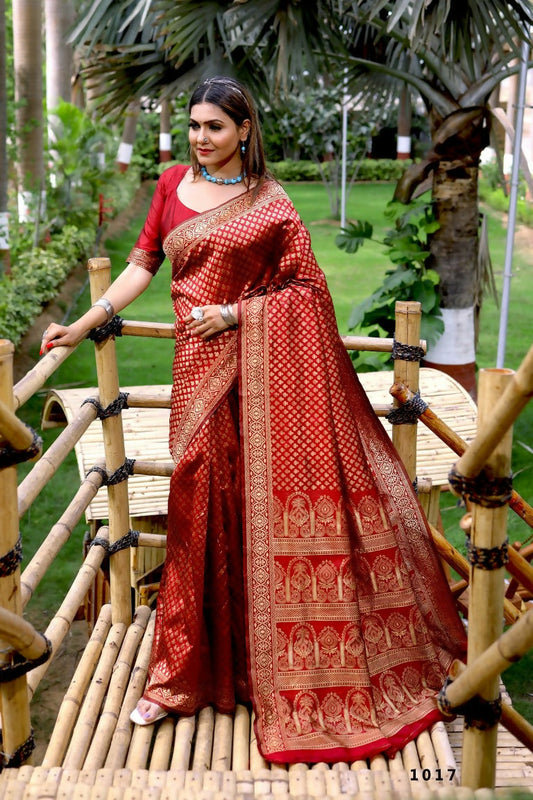 Partywear Designer Red Banarasi Silk Fancy Saree - Starwalk | Swadesiicart