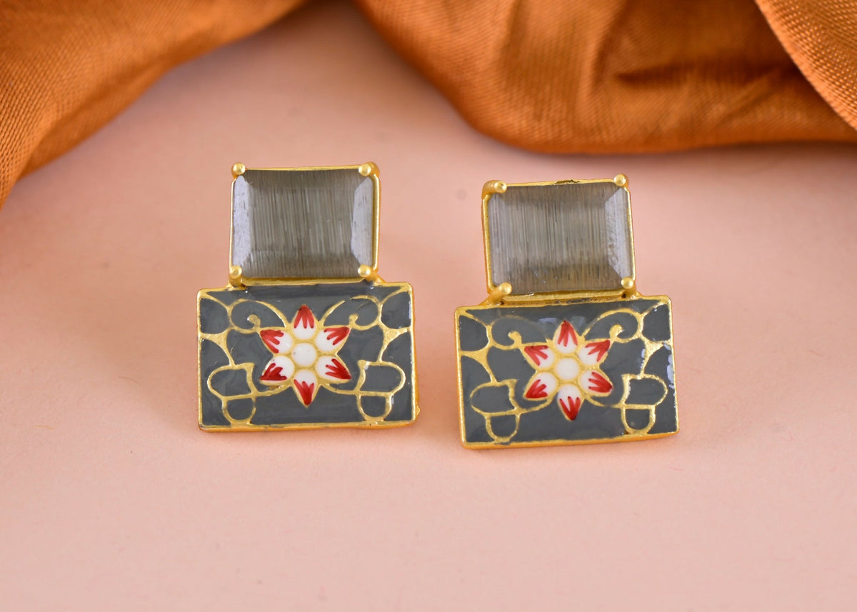 Joban Fashion Women Brass Grey Onyx Earrings