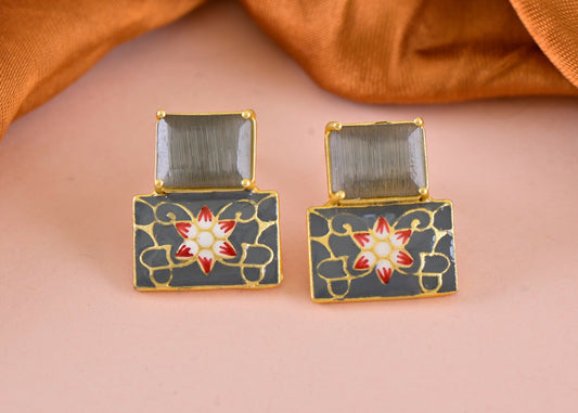 Joban Fashion Women Brass Grey Onyx Earrings - Swadesiicart