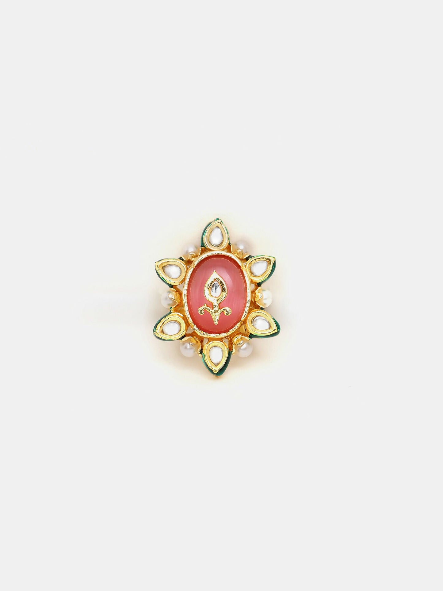 Ruby Raang Gold Polished Peach Kundan Cocktail Ring | Swadesiicart
