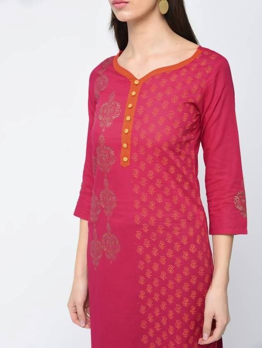 Aniyah Cotton Block Printed Traditional Straight Kurta In Magenta Color (AN-125K) - Swadesiicart