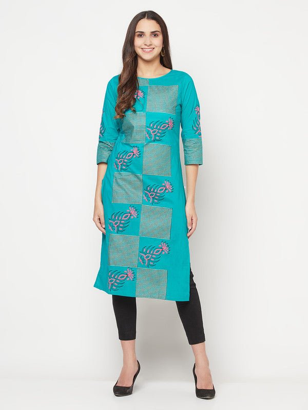 Aniyah Cotton Block Print Turquoise Straight Kurta - Swadesiicart
