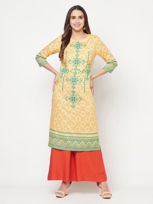 Aniyah Rayon Digital Screen Print Golden Beige Straight Kurta - Swadesiicart