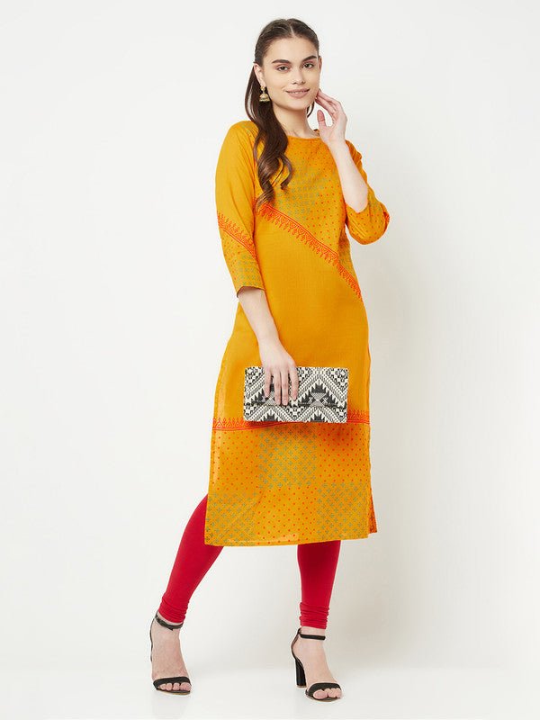 Aniyah Cotton Block Print Mustard Color Straight Kurta - Swadesiicart
