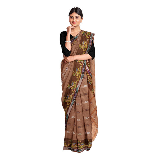 Exclusive Collection 100% Pure Cotton Brown Tant Saree With Hand Weaving Work - Swadesiicart