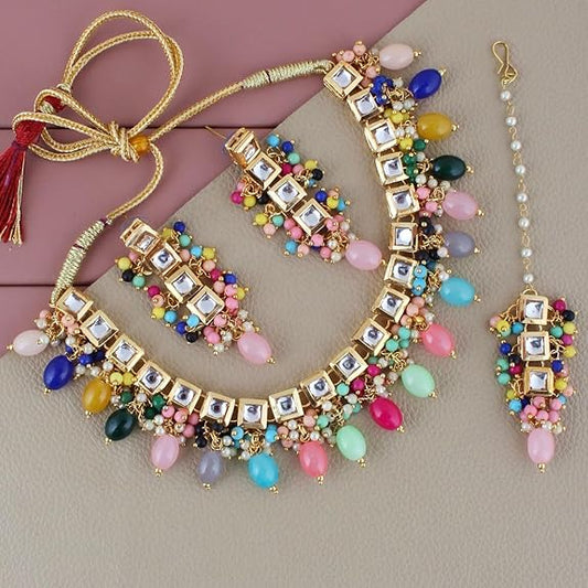 Tehzeeb Creations Back Meenakari Gold-Polished Square Shape Tika Earring Jewellery Set Uncut Kundan Big Faux Kundan Dibbi Kundan Choker Necklace Set | Swadesiicart