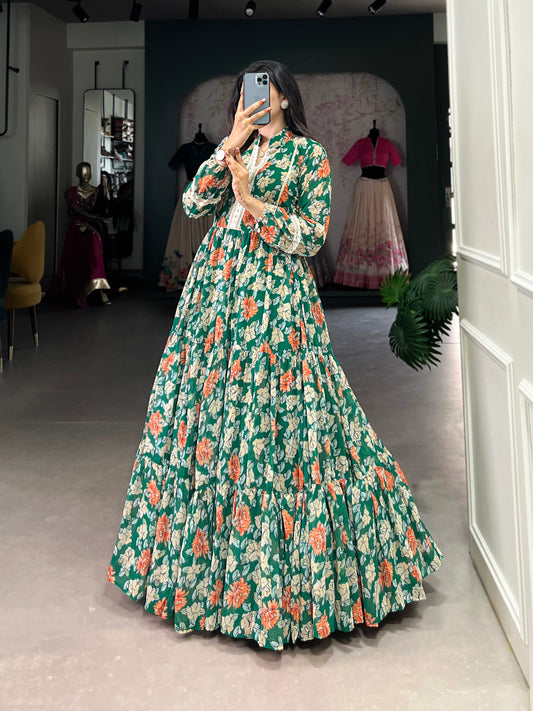 Lorenvalley Green Georgette Floral Print Gown | Swadesiicart
