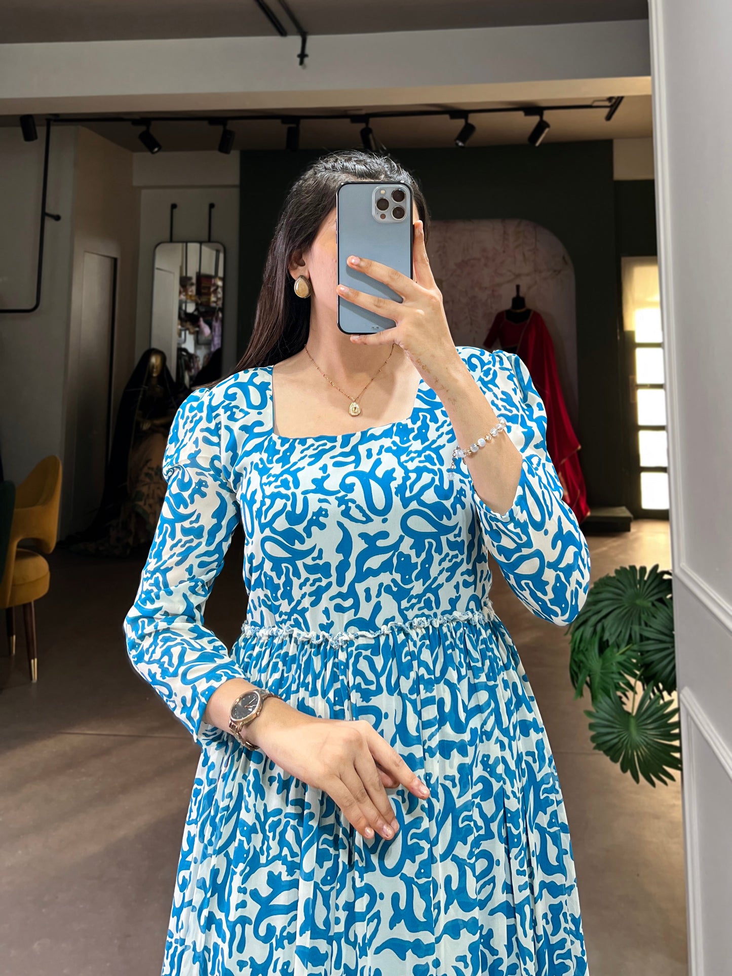 Lorenvalley Blue Georgette Printed Gown | Swadesiicart