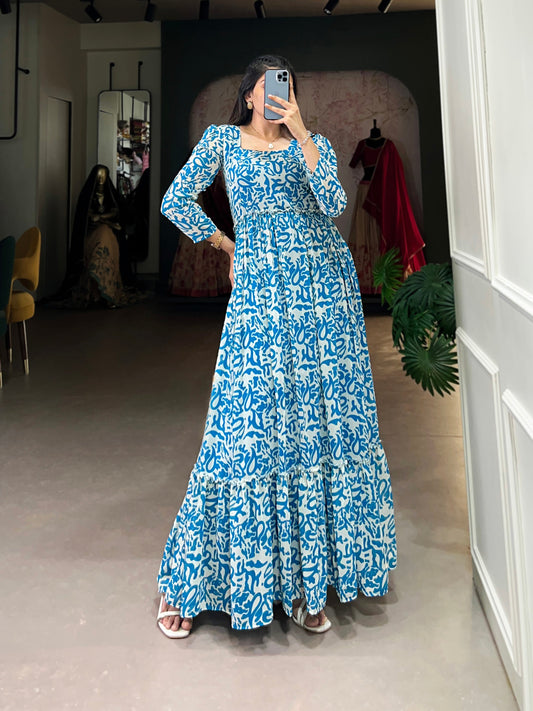 Lorenvalley Blue Georgette Printed Gown | Swadesiicart