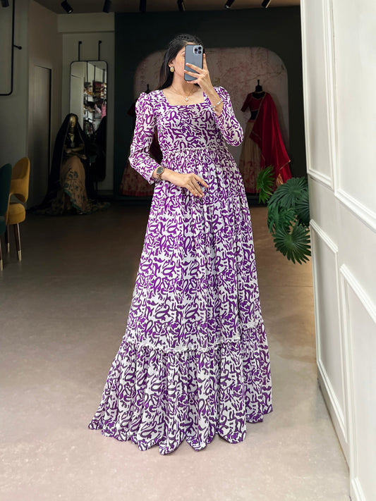 Lorenvalley Purple Georgette Printed Gown | Swadesiicart