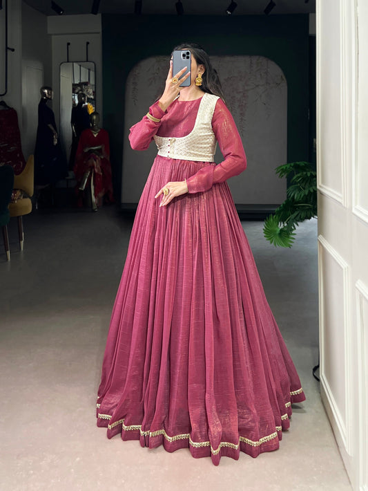 Lorenvalley Fashion Pink Silver Glosy Crunchy Lace Touch Up Gown with Koti | Swadesiicart