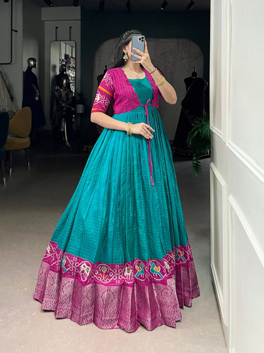 Lorenvalley Fashion Firozi Tussar Chex Patola Print With Weaving Work Border Gown with Koti | Swadesiicart