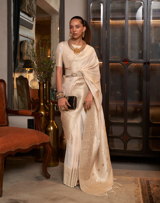 Monjolika Fashion Cream Color Handloom Khadi Georgette Tradtional Saree | Swadesiicart