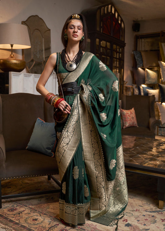 Monjolika Fashion Dark Green Color Handloom Khadi Georgette Tradtional Saree | Swadesiicart