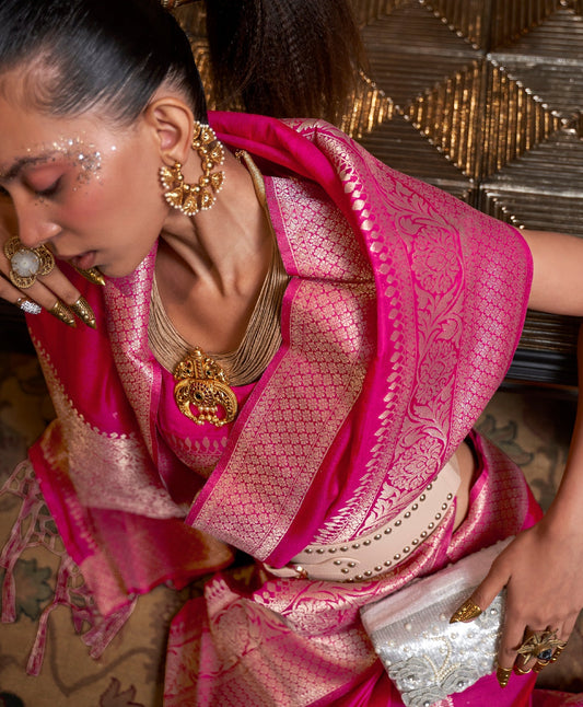 Monjolika Fashion Rani Pink Color Handloom Khadi Georgette Tradtional Saree | Swadesiicart