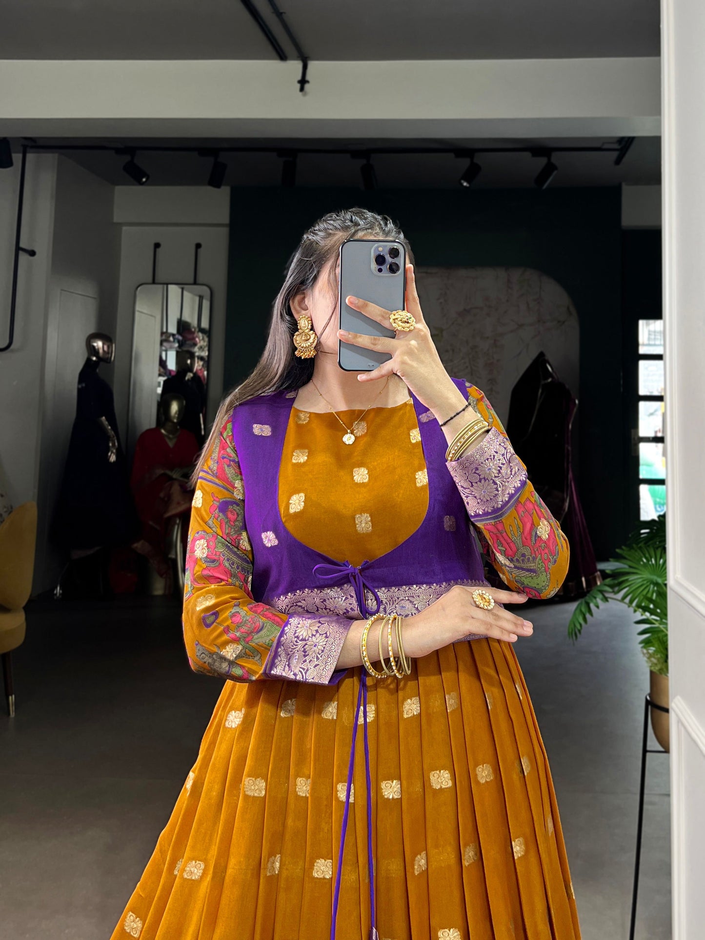 Lorenvalley Fashion Mustard Poly Cotton Kalamkari Print With Zari Weaving Work Border Gown with Koti | Swadesiicart